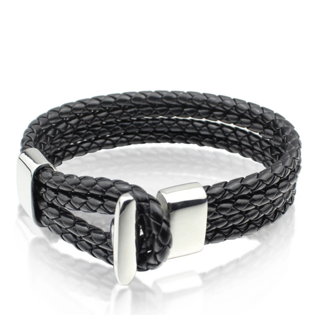 Titanium Steel Black Leather Rope Bracelet Men′ S and Women′ S Style Knitting Personality Leather Rope Bracelet