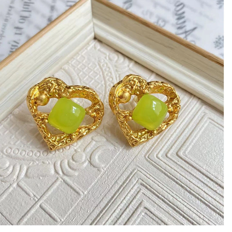 Custom Jewelry Iregular Heart Avocado Green Ear Stud