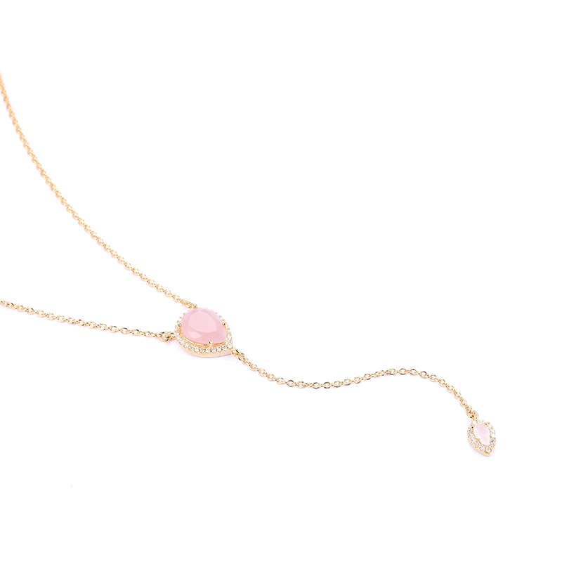 Beautiful Female Jewelry Rose Gold Pink Stone Drop Necklace with Pear Cut CZ for Gifts