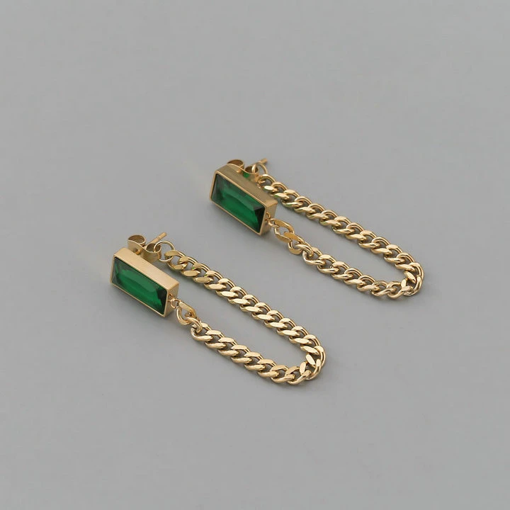 Emerald Tassel Titanium Steel Earrings Anti-Allergy Chain Ear Studs Valentine′s Day Gift