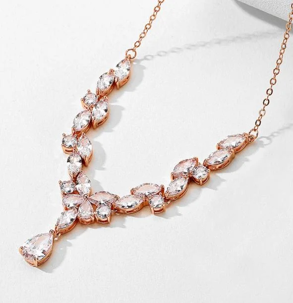 Pear CZ Necklace Jewelry Set, Wedding CZ Necklace Jewelry Set, Bridal Necklace Jewelry Set, Bridesmaid Jewelry Set, Rose Gold Earring Necklace Jewelry