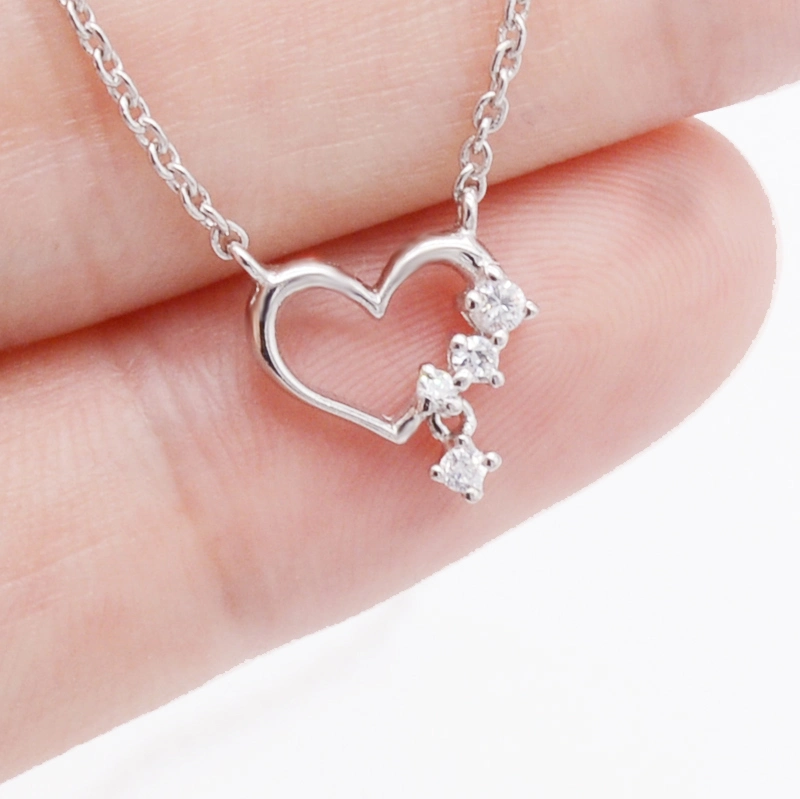 Custom Rhodium Plating Shiny Minimalist Silver Jewellery CZ Diamond Pretty Jewelry Heart Pendant Necklace