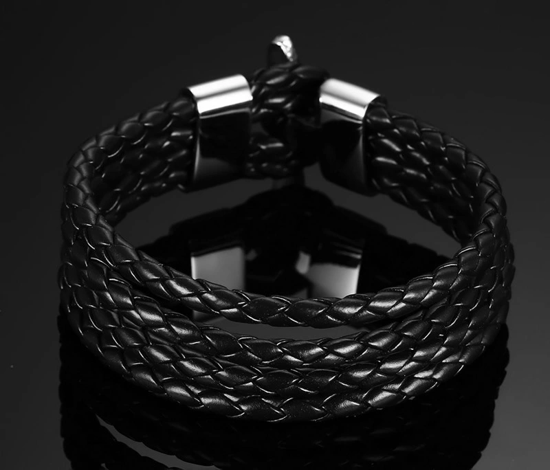 Titanium Steel Black Leather Rope Bracelet Men′ S and Women′ S Style Knitting Personality Leather Rope Bracelet