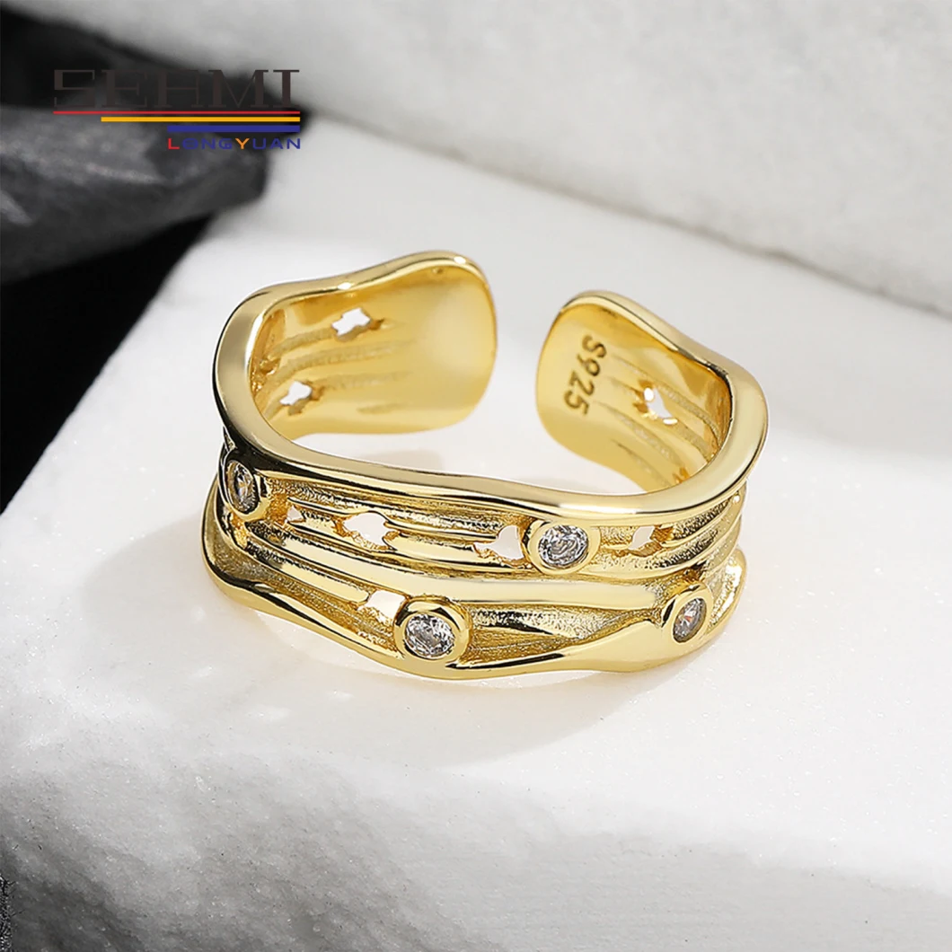 Antique Geometeric Gold Cubic Zirconia Adjustable Wave Ring for Women